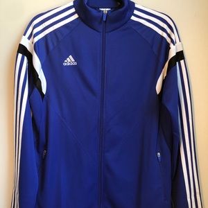 Addidas blue zip up jacket with white stripes